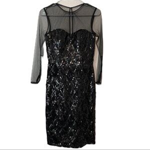 Mac Duggal Sequin Mini Dress Sheer Long Sleeves Sweetheart Neckline NWOT​​​